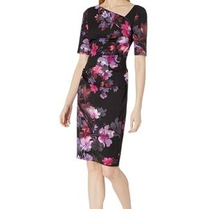 Adrianna Papell Black Watercolor Lilies Floral Midi Sheath Dress Women’s 6 Event
